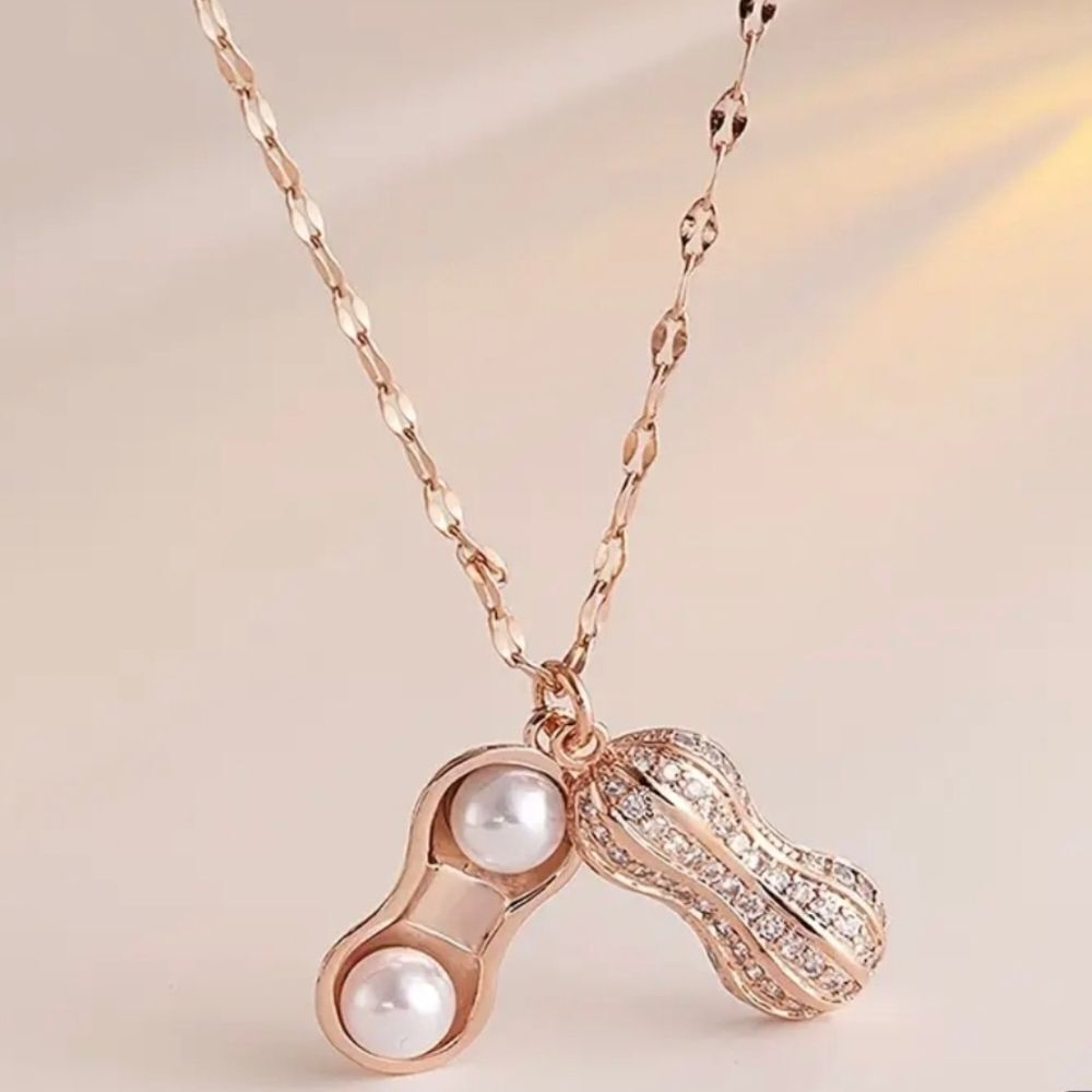 14K Rose Gold Plated Diamond Peanut Pearl Pendant Necklace